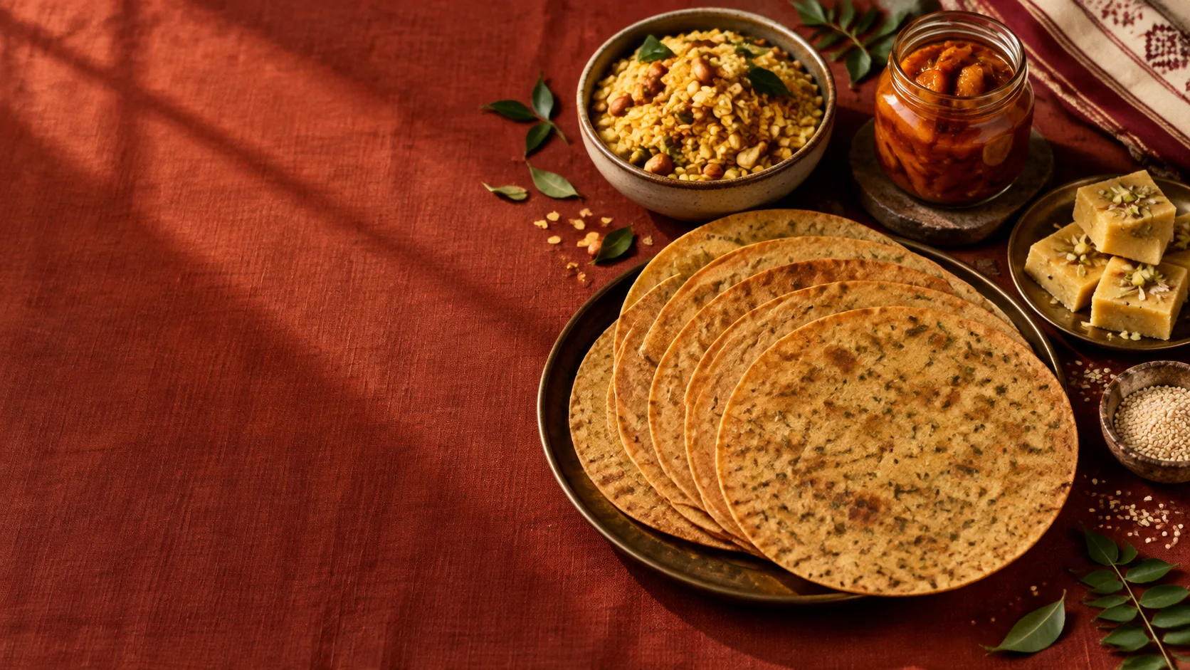 Illustrative spread of khakhra, chivda, pickle and sweets on a terracotta table